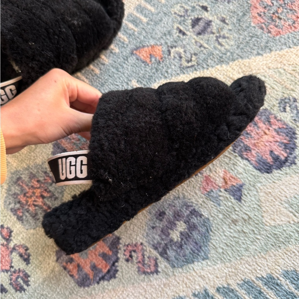 UGG Black Fluffy Slides with Logo Strap